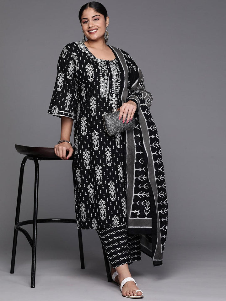 Black Yoke Design Cotton Straight Kurta With Trousers & Dupatta - Libas