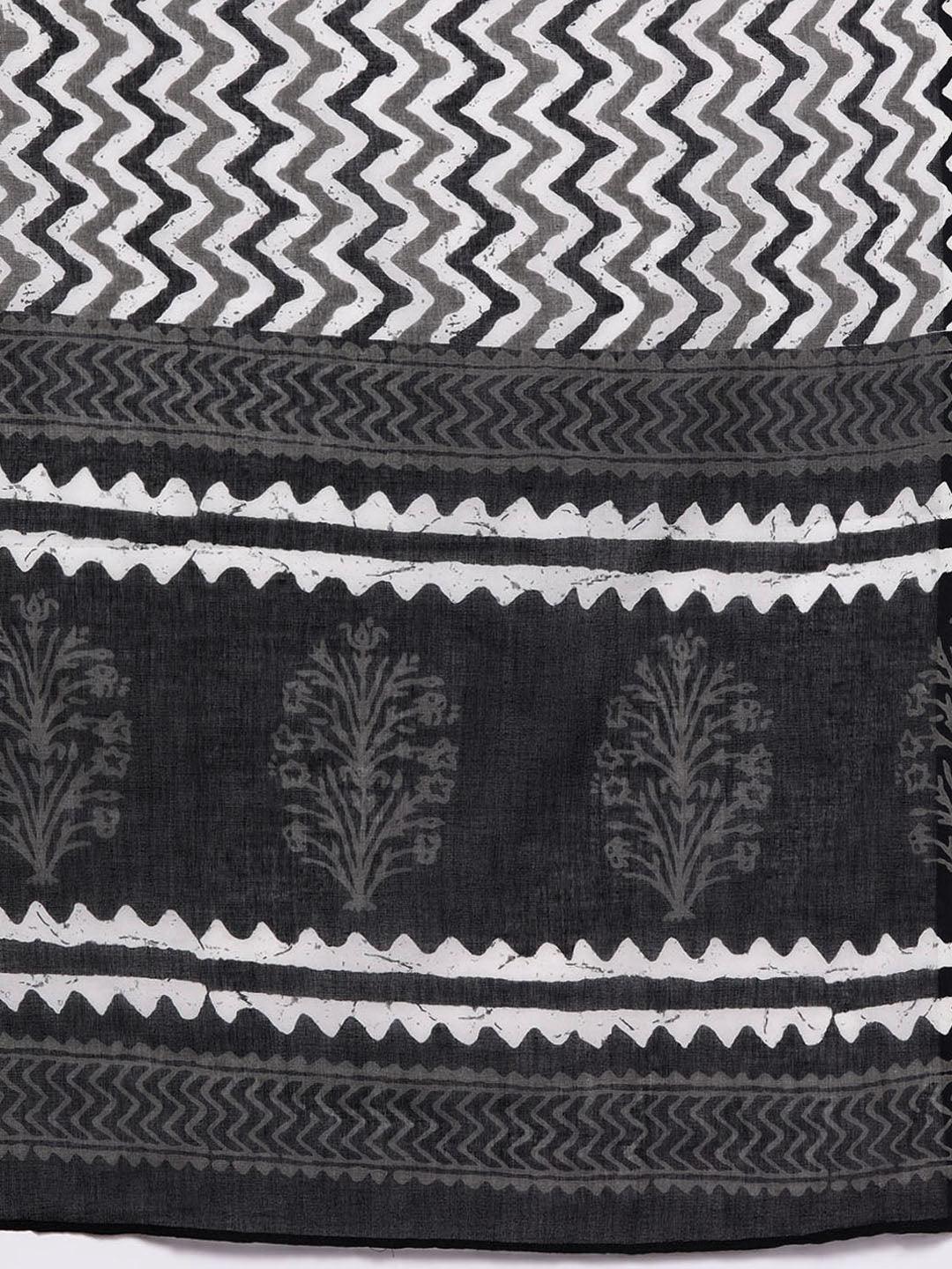 Black Printed Cotton Straight Kurta With Trousers & Dupatta