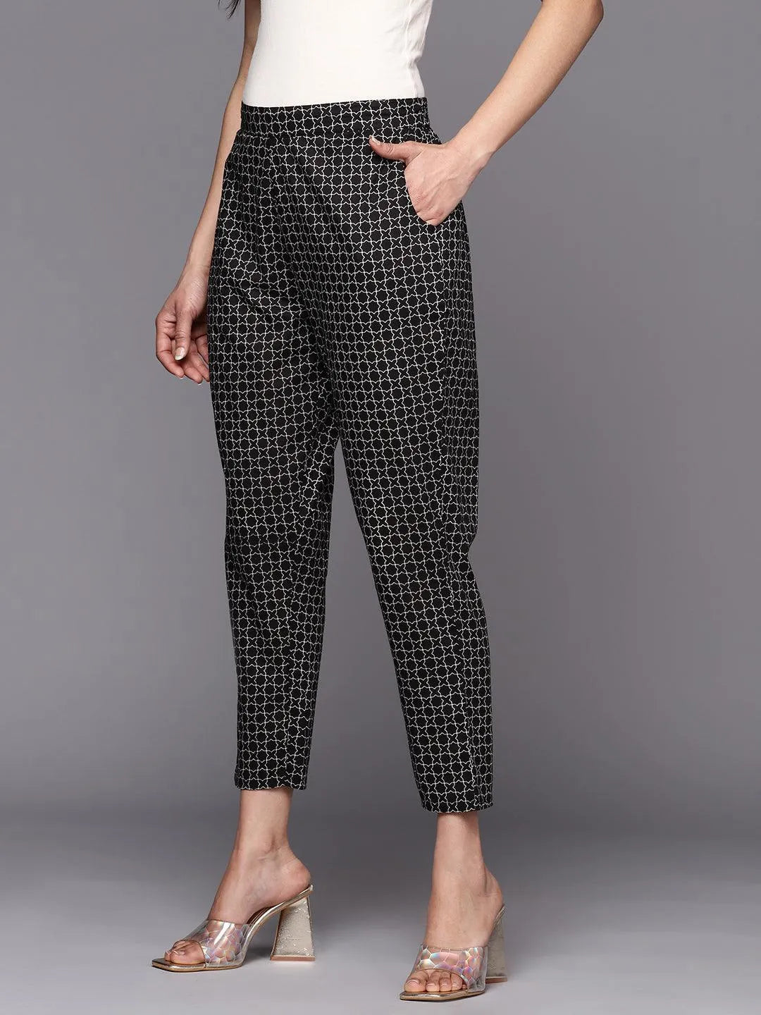 Black Printed Cotton Trousers - Libas