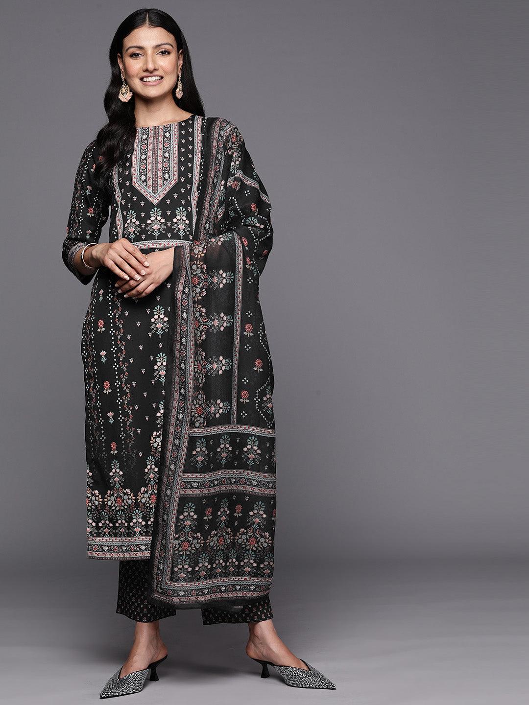 Black Printed Crepe Straight Suit Set With Trousers - Libas