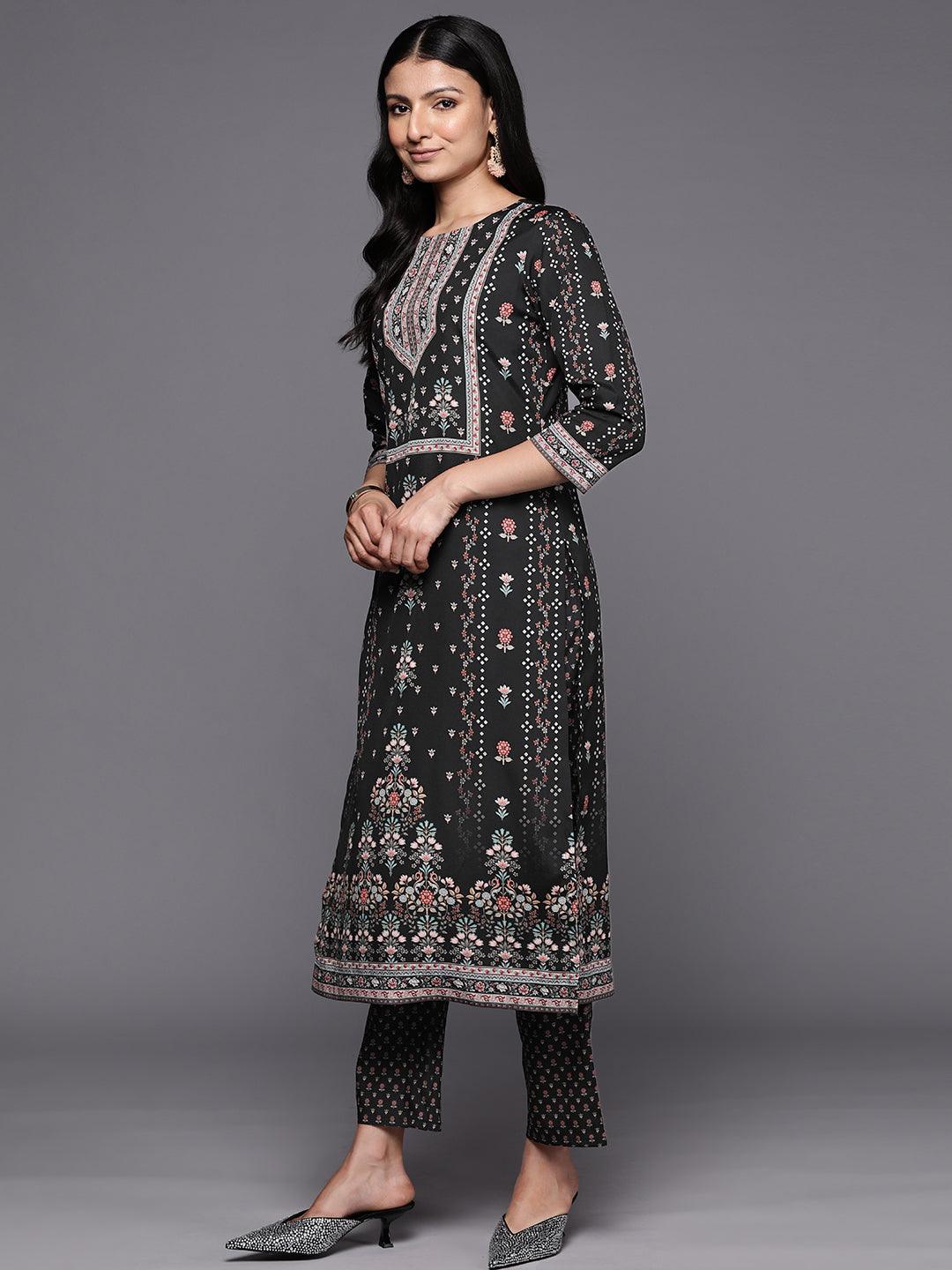 Black Printed Crepe Straight Suit Set With Trousers - Libas 