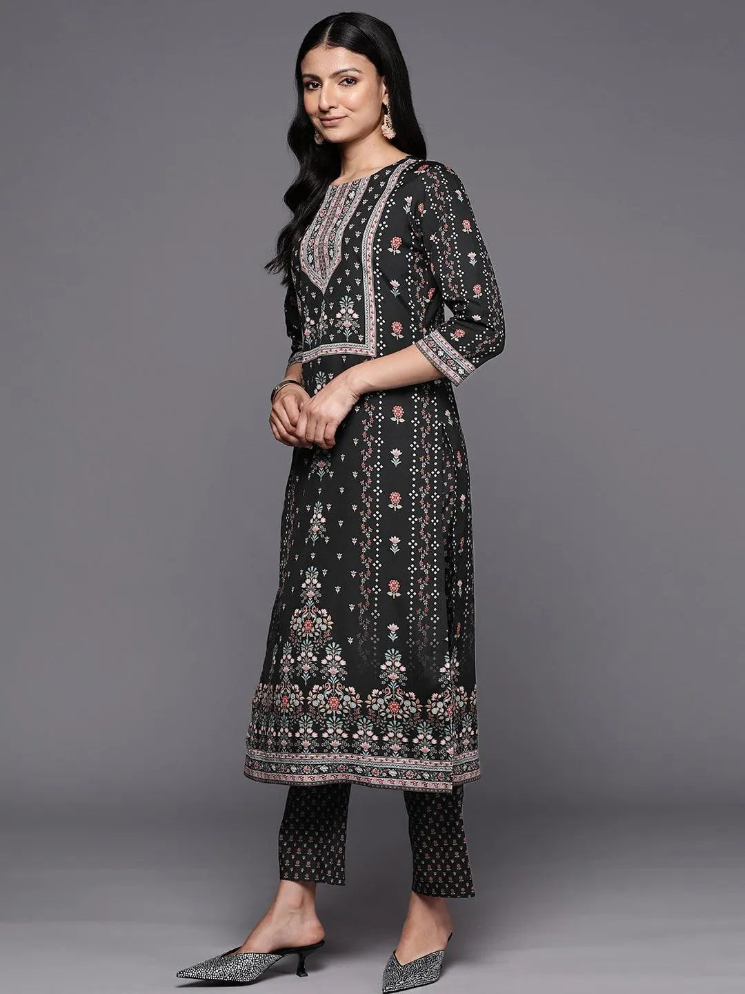 

Black Printed Crepe Straight Kurta With Trousers & Dupatta