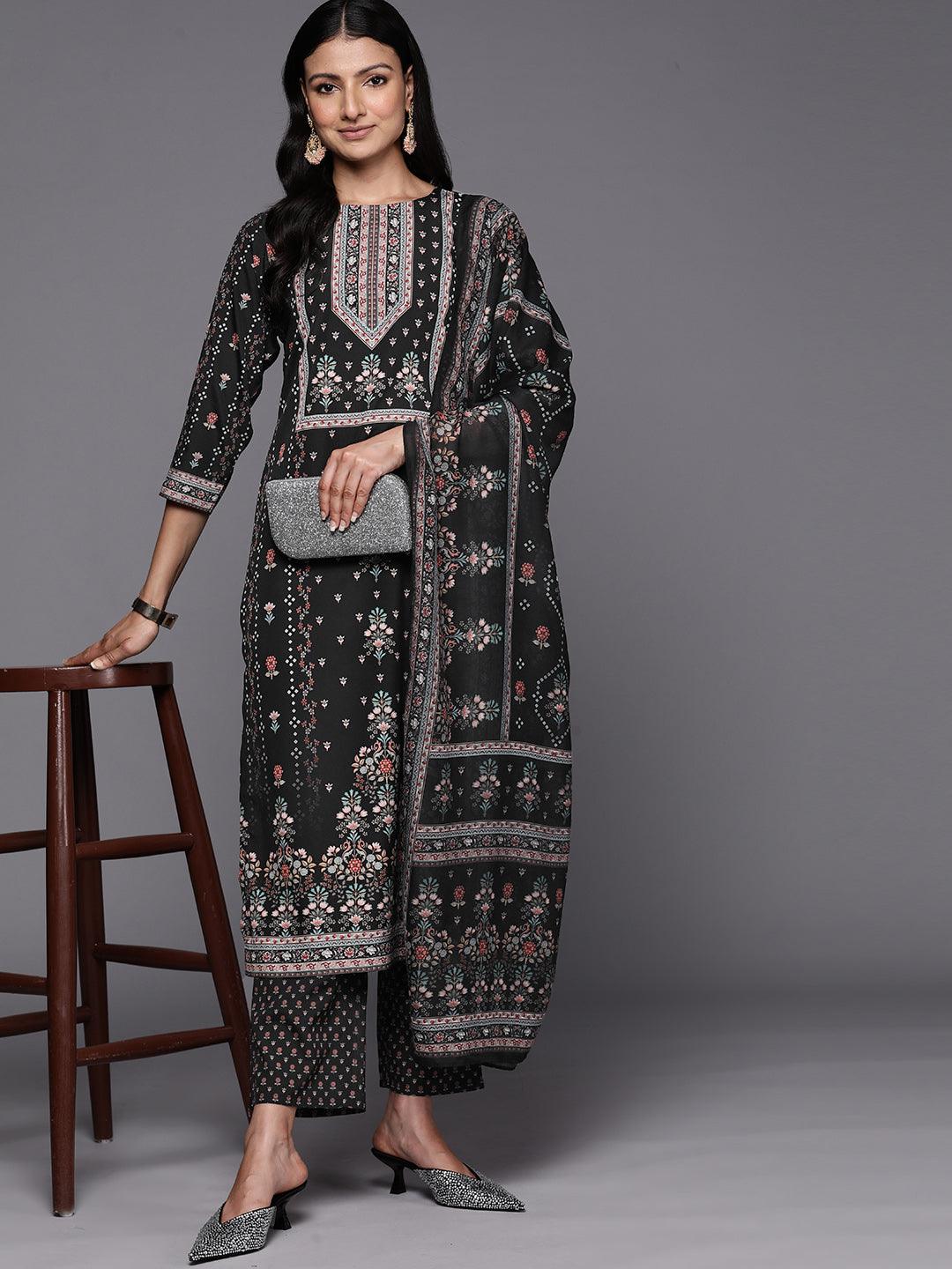 Black Printed Crepe Straight Suit Set With Trousers - Libas 