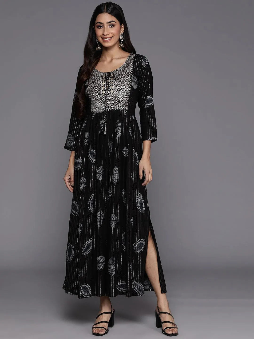 Black Printed Fit and Flare Rayon Dress - Libas