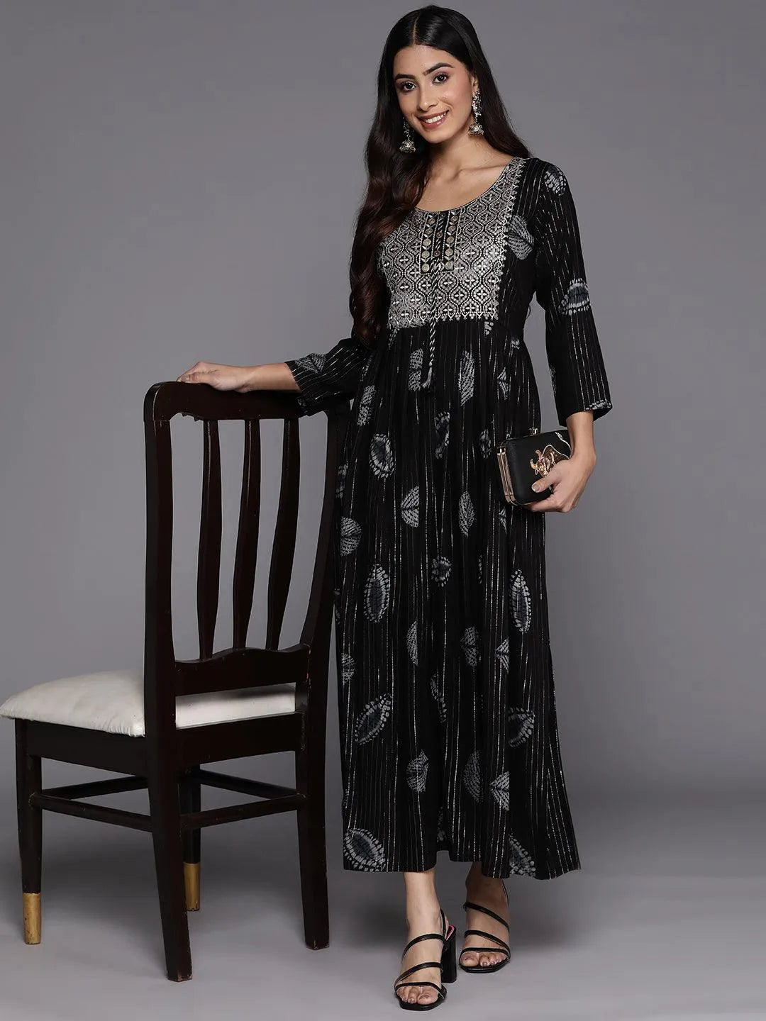 Black Printed Fit and Flare Rayon Dress - Libas 