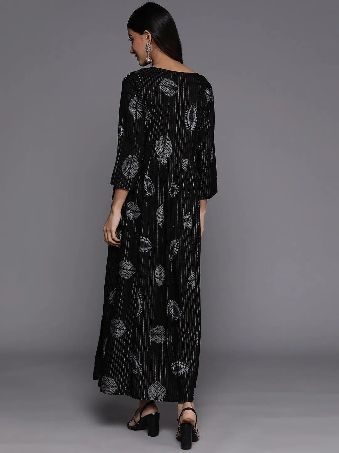 Black Printed Fit and Flare Rayon Dress - Libas 