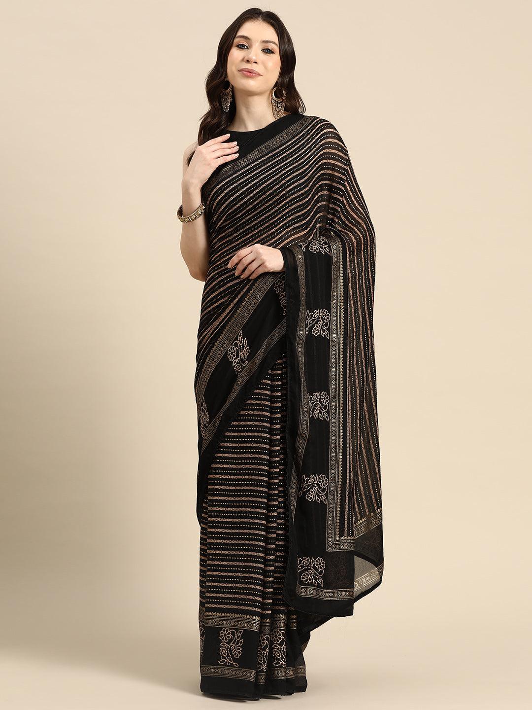 Black Printed Georgette Saree - Libas 