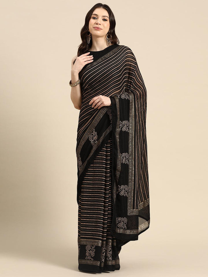 Black Printed Georgette Saree - Libas