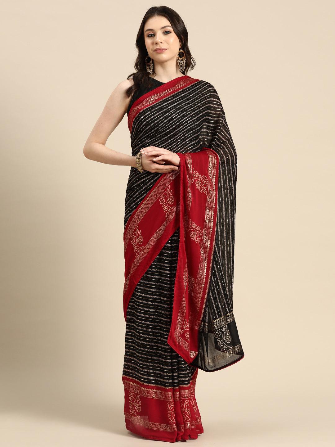 Black Printed Georgette Saree - Libas 