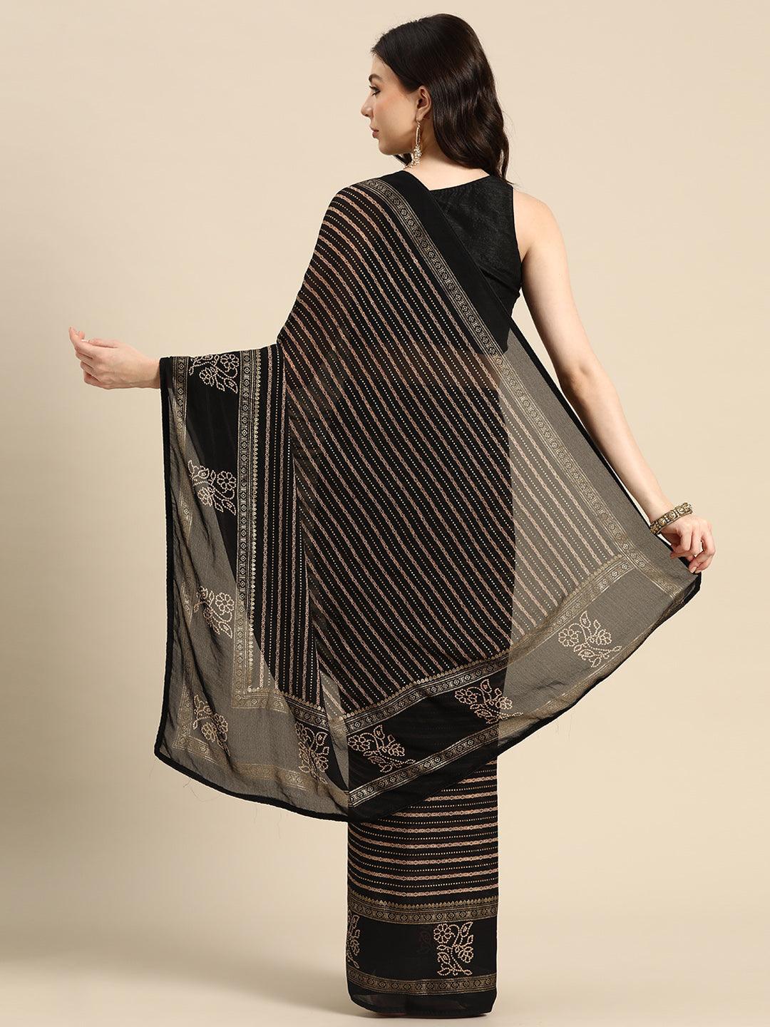 Black Printed Georgette Saree - Libas