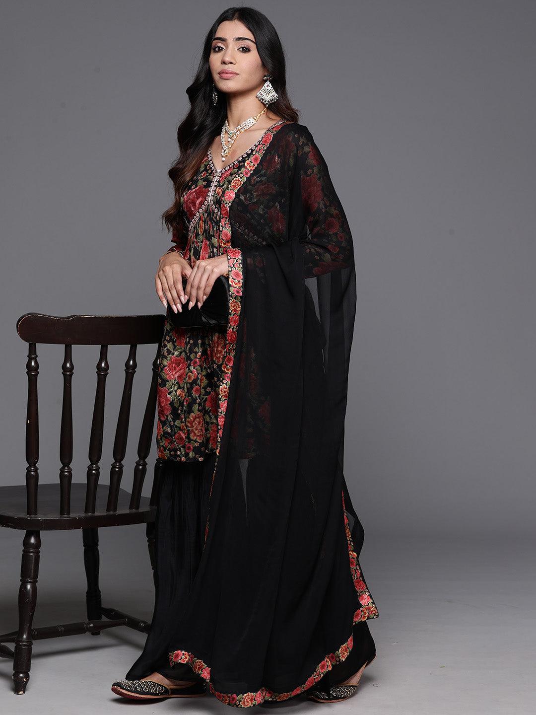 Black Printed Organza A-Line Kurta With Sharara & Dupatta - Libas 