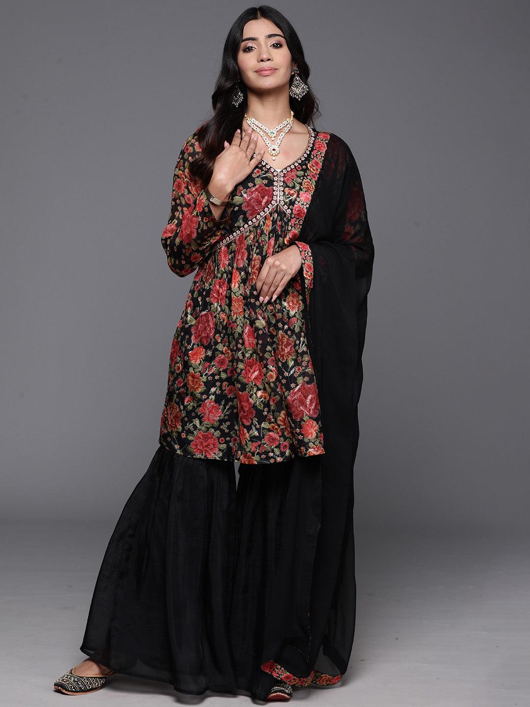 Black Printed Organza A-Line Kurta With Sharara & Dupatta - Libas 