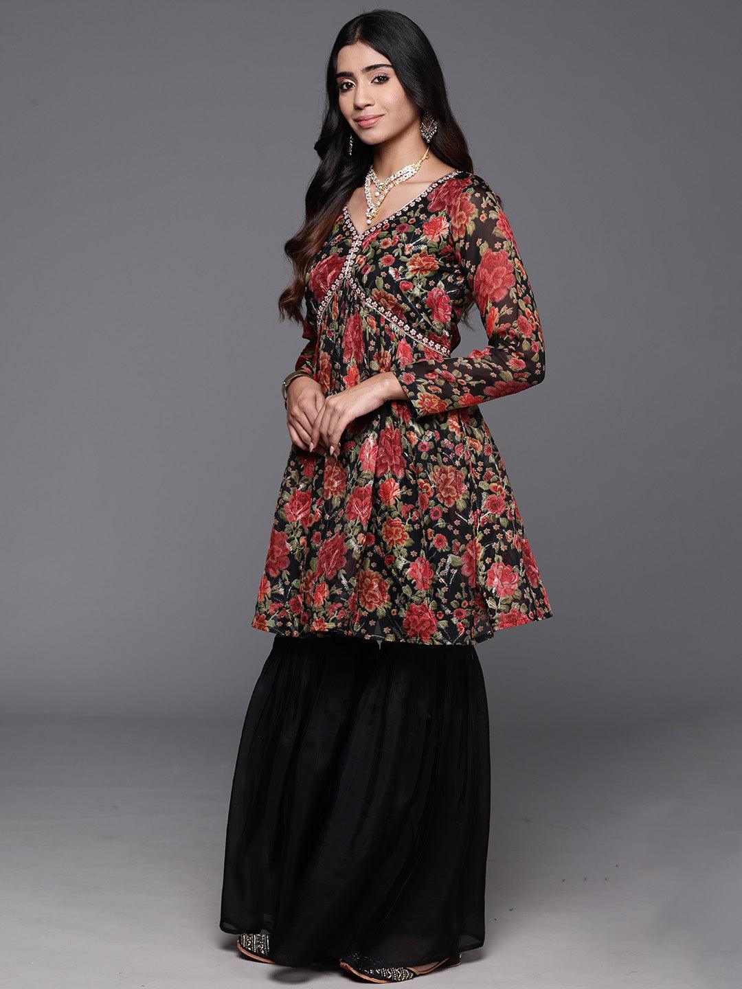 Black Printed Organza A-Line Kurta With Sharara & Dupatta - Libas