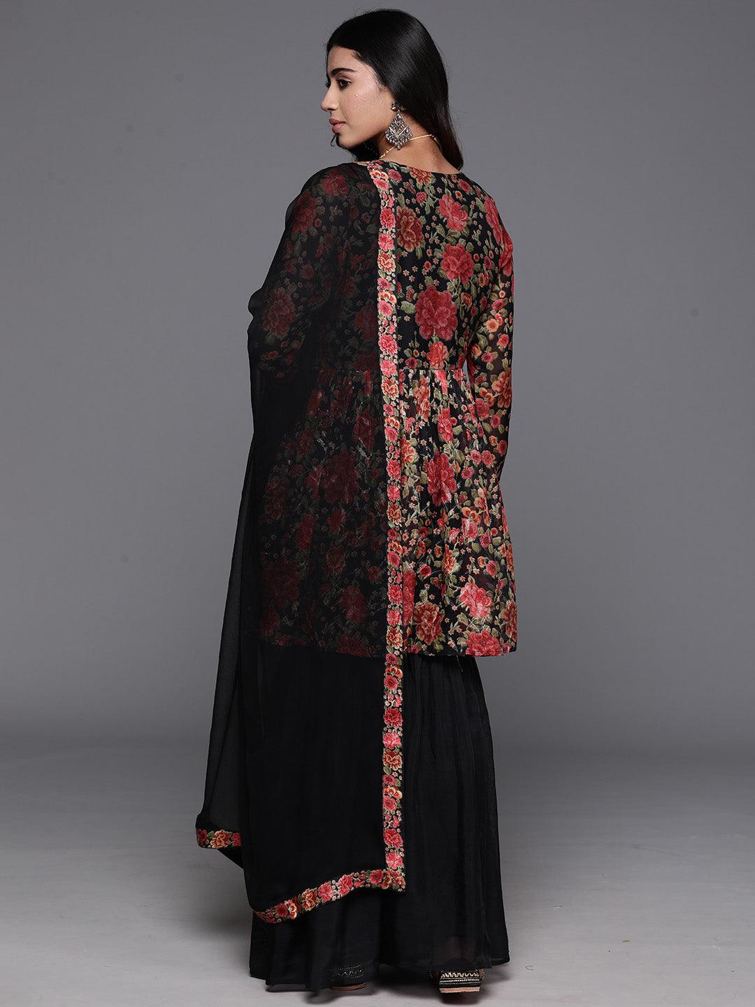 Black Printed Organza A-Line Kurta With Sharara & Dupatta - Libas 