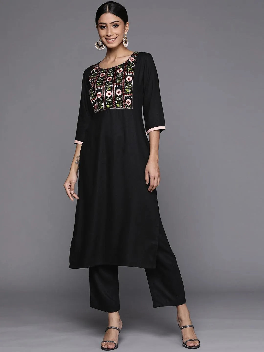 Black Printed Pashmina Wool Kurta - Libas