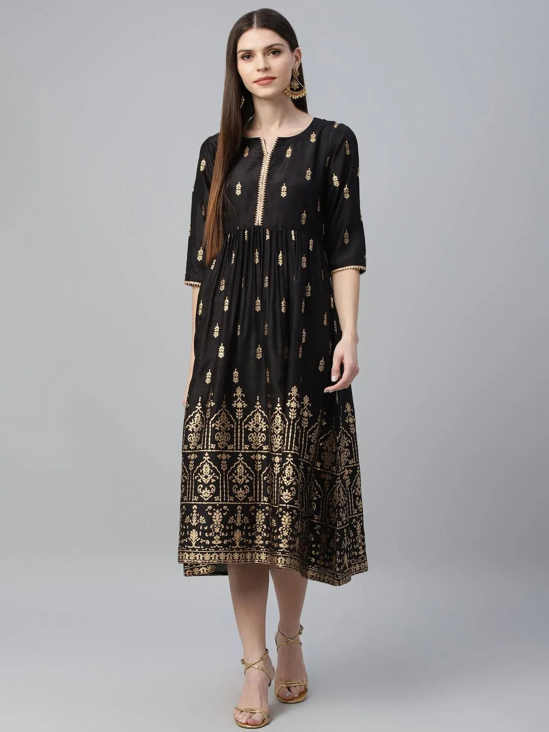 Black Printed Polyester Dress - Libas 