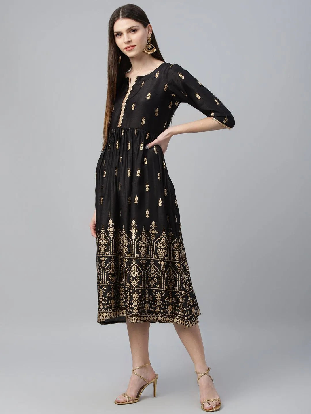 Black Printed Polyester Dress - Libas 