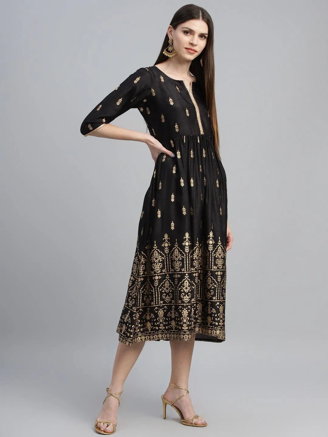 Black Printed Polyester Dress - Libas 