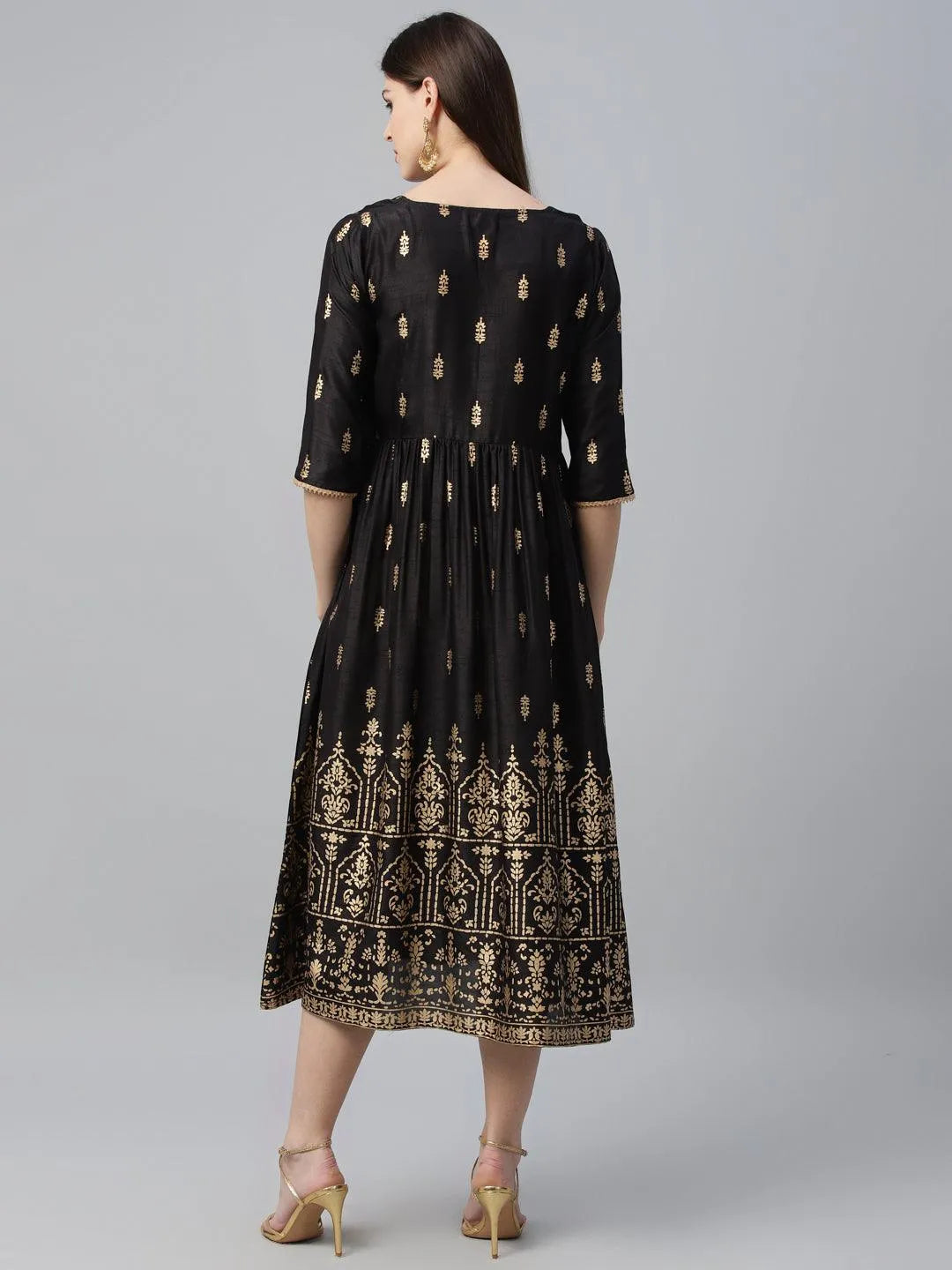 Black Printed Polyester Dress - Libas 