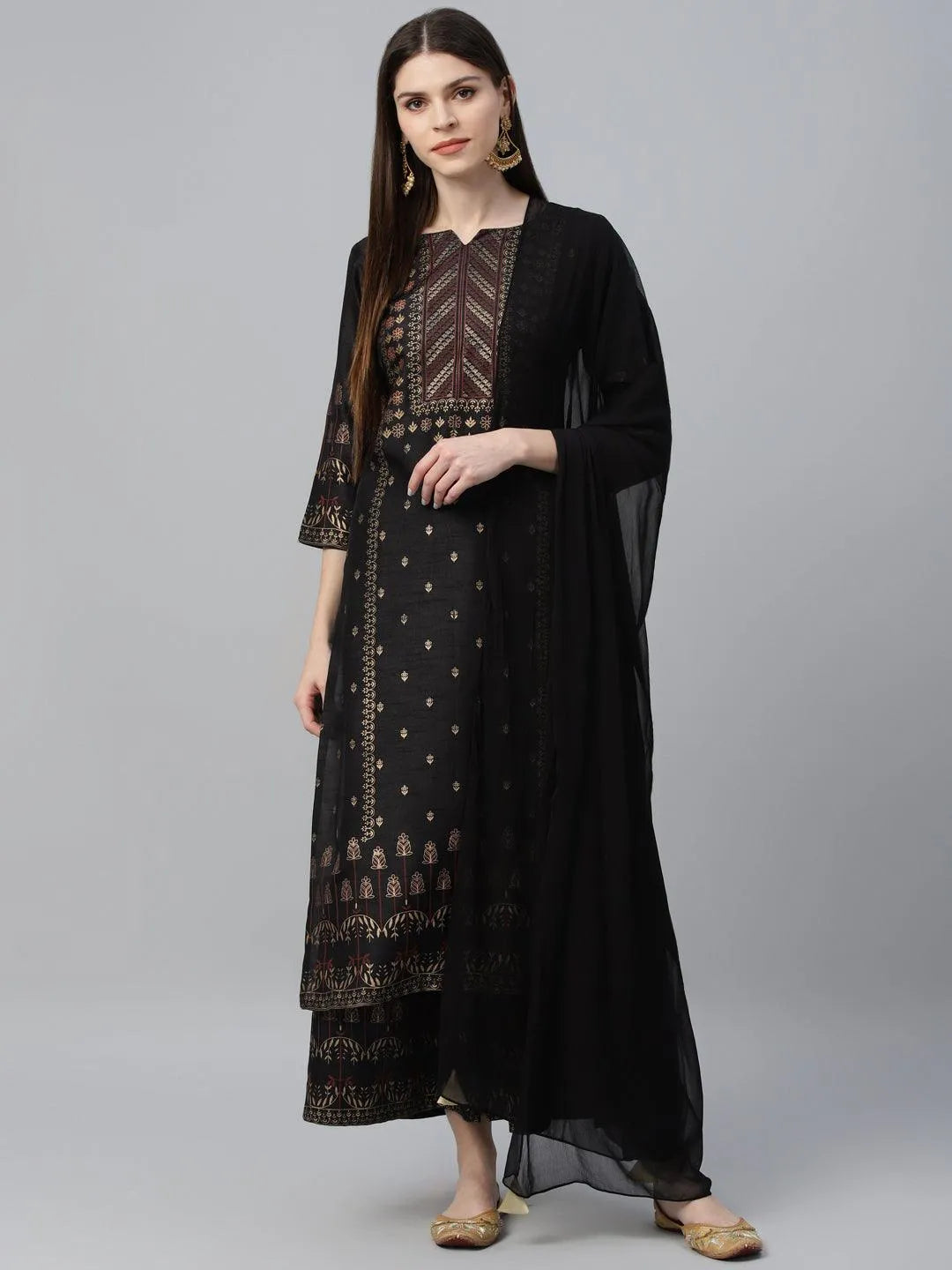 Black Printed Polyester Suit Set - Libas 