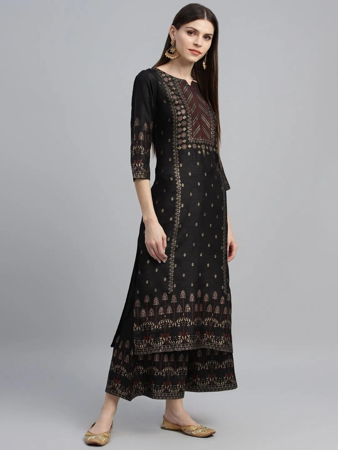 Black Printed Polyester Suit Set - Libas 