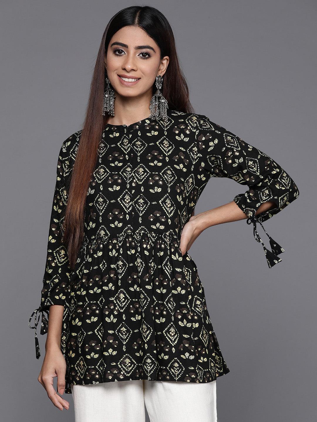 Black Printed Rayon A-Line Kurti - Libas 