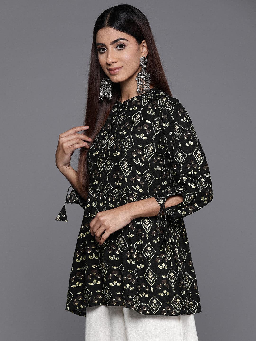 Black Printed Rayon A-Line Kurti - Libas 