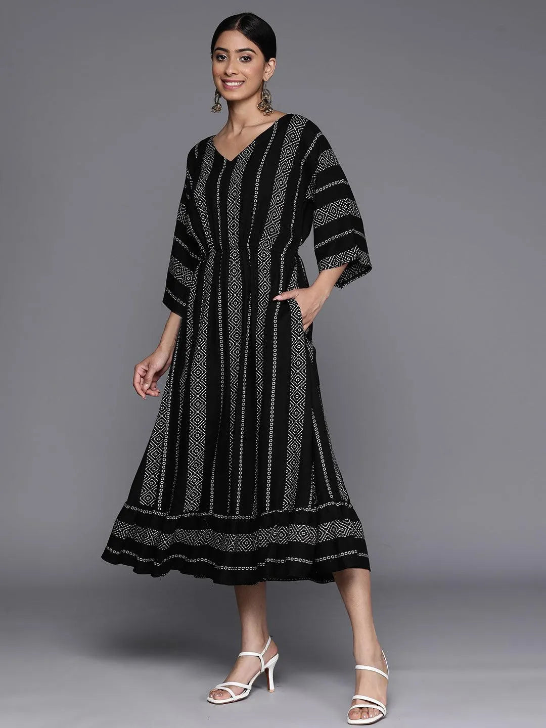 Black Printed Rayon Fit and Flared Dress - Libas