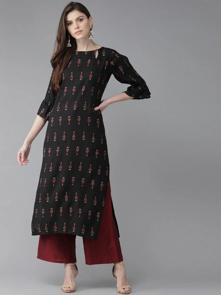 Black Printed Rayon Kurta - Libas