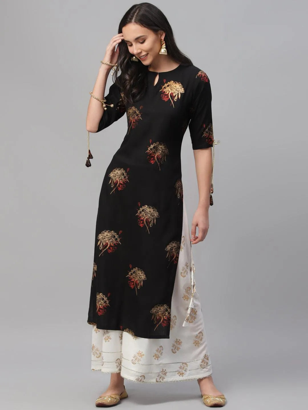 Black Printed Rayon Kurta - Libas