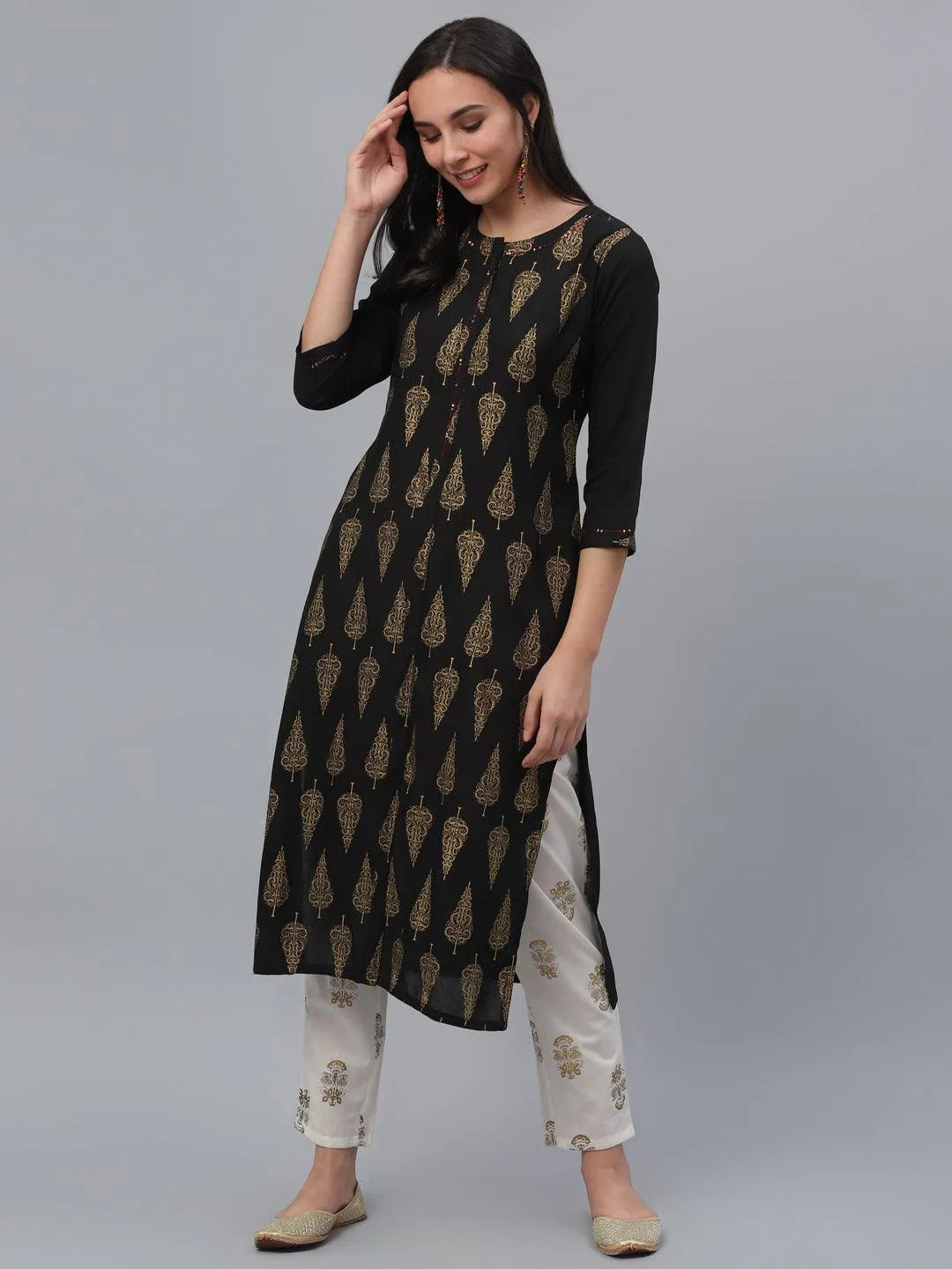 Black Printed Rayon Kurta - Libas