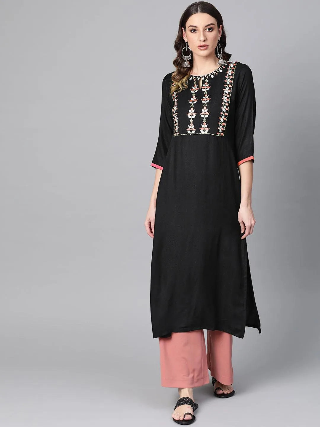 Black Printed Rayon Kurta - Libas