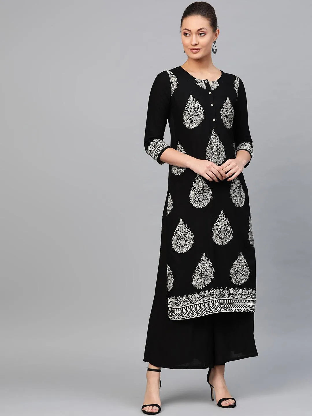 Black Printed Rayon Kurta - Libas