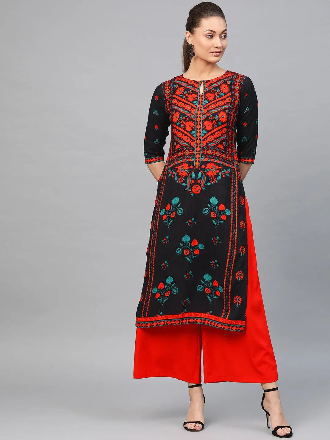 Black Printed Rayon Kurta - Libas