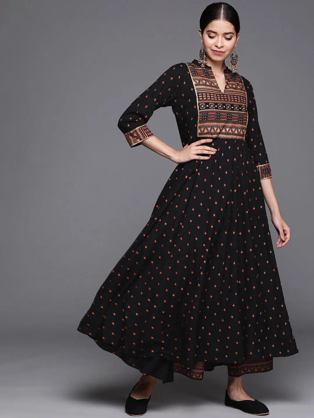 Black Printed Rayon Kurta - Libas 