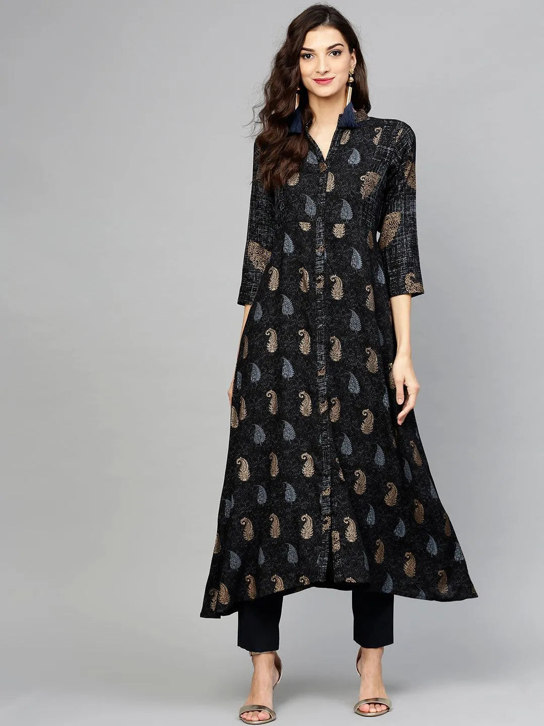 Black Printed Rayon Kurta - Libas