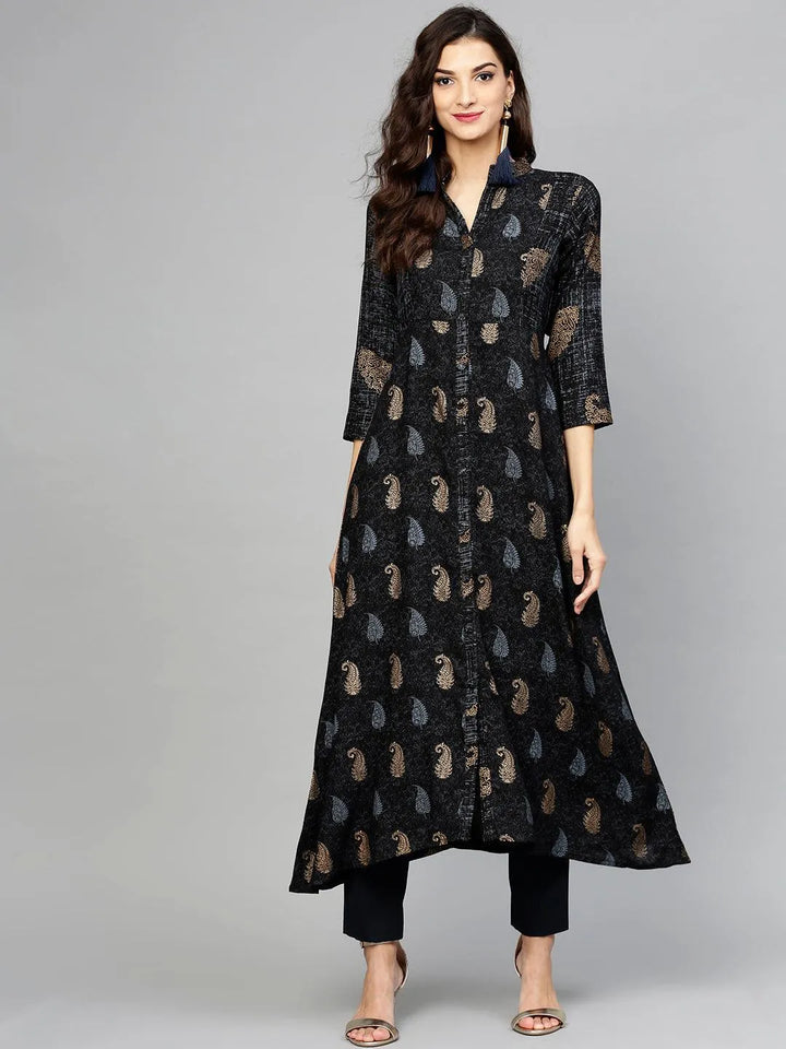 Black Printed Rayon Kurta - Libas