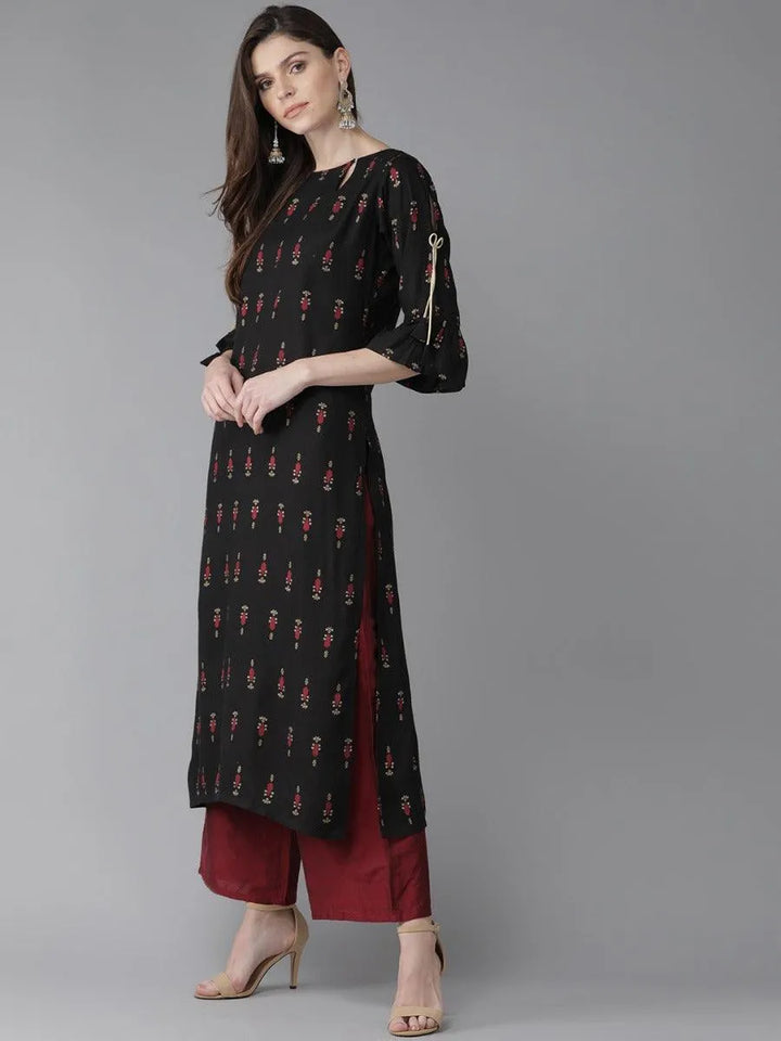 Black Printed Rayon Kurta - Libas