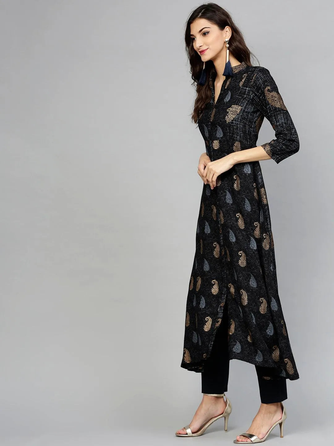 Black Printed Rayon Kurta - Libas