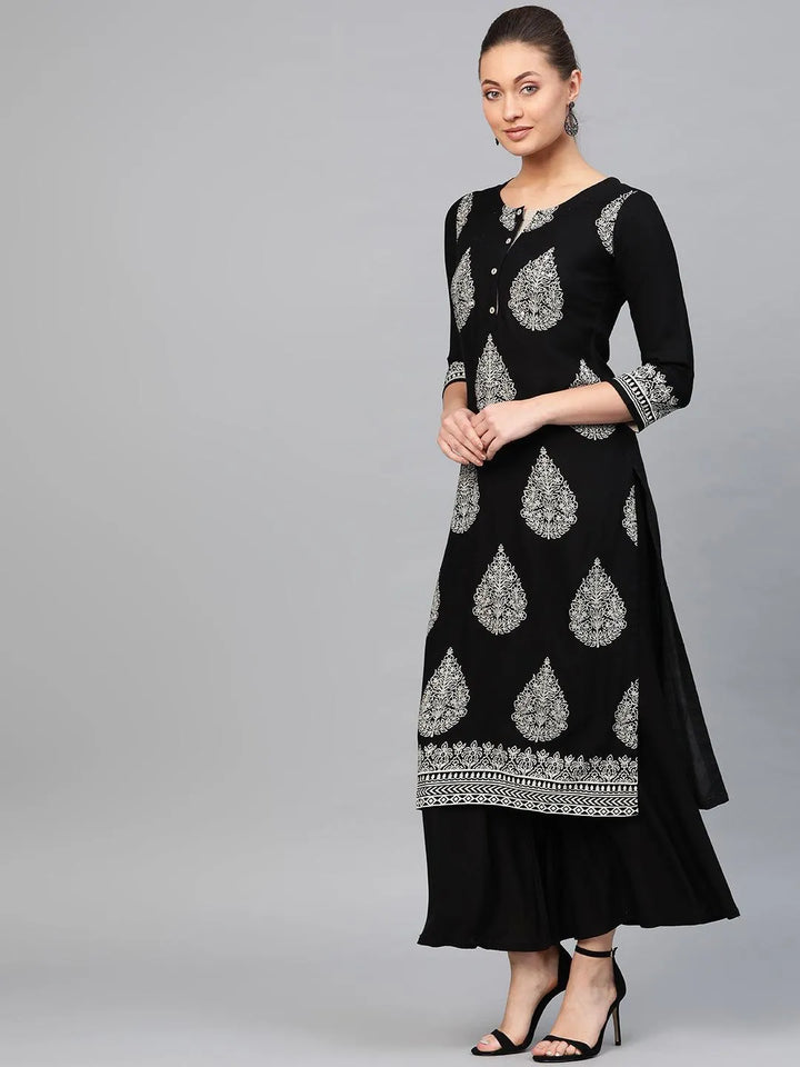 Black Printed Rayon Kurta - Libas