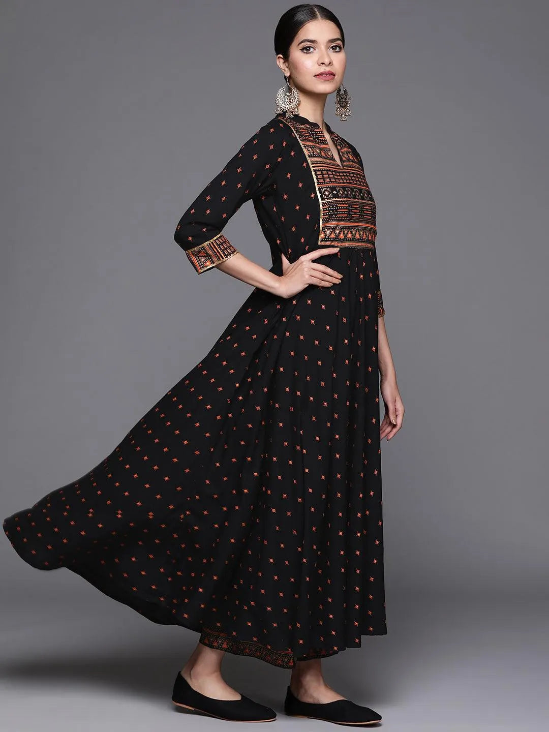 Black Printed Rayon Kurta - Libas 