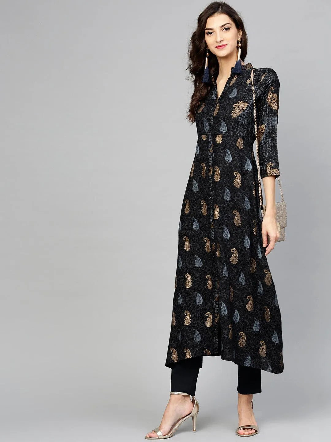 Black Printed Rayon Kurta - Libas