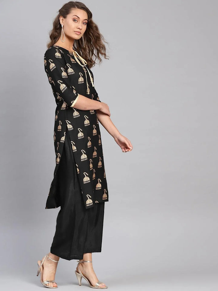 Black Printed Rayon Kurta - Libas