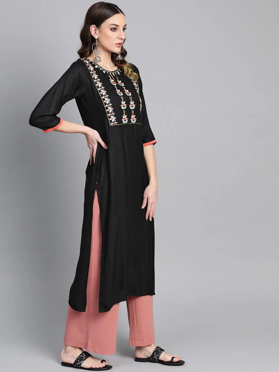 Black Printed Rayon Kurta - Libas