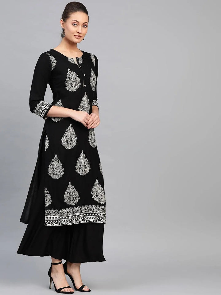 Black Printed Rayon Kurta - Libas