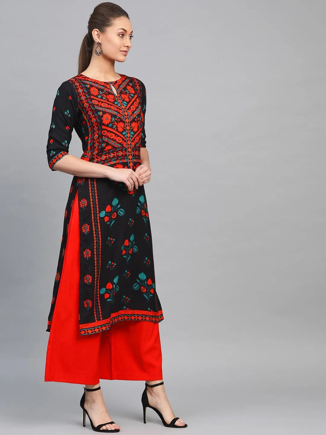 Black Printed Rayon Kurta - Libas