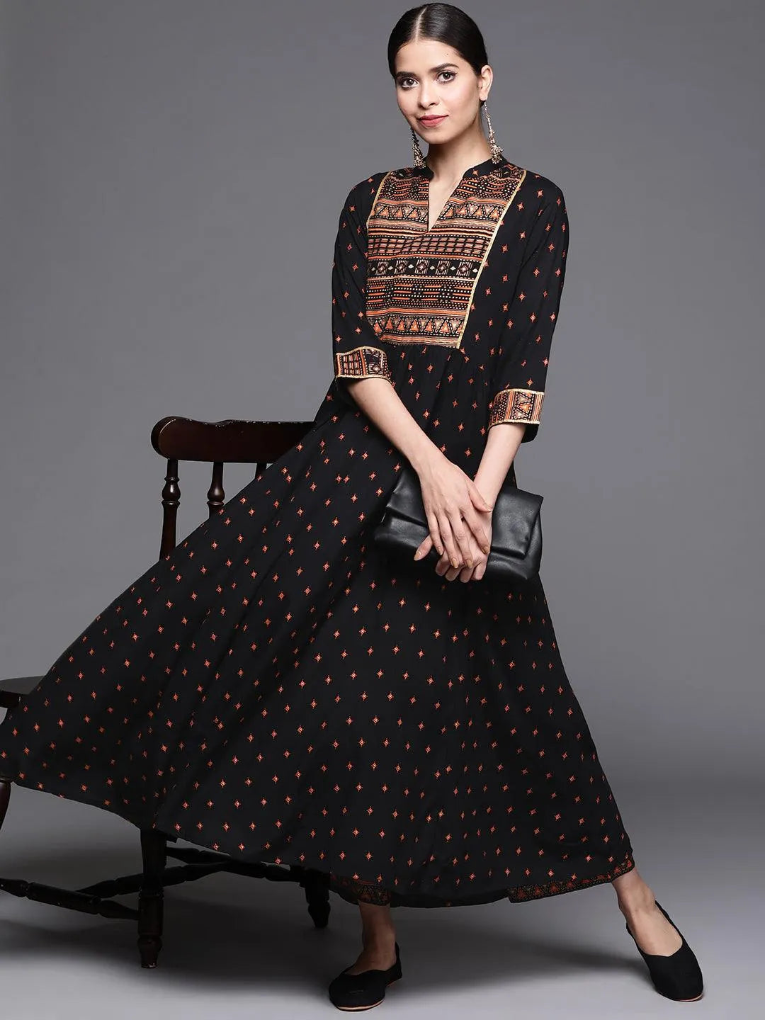 Black Printed Rayon Kurta - Libas 