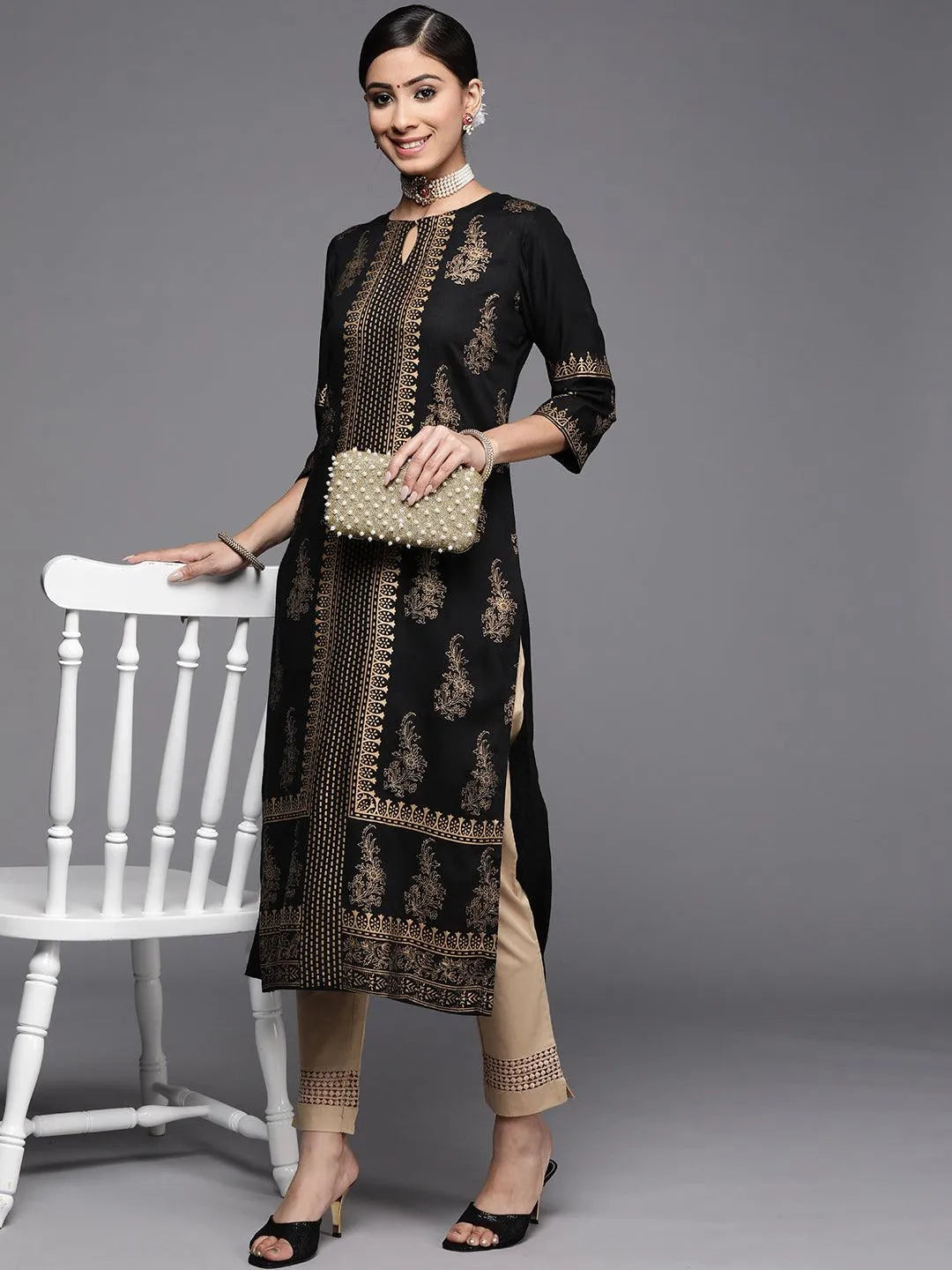 Black Printed Rayon Kurta - Libas