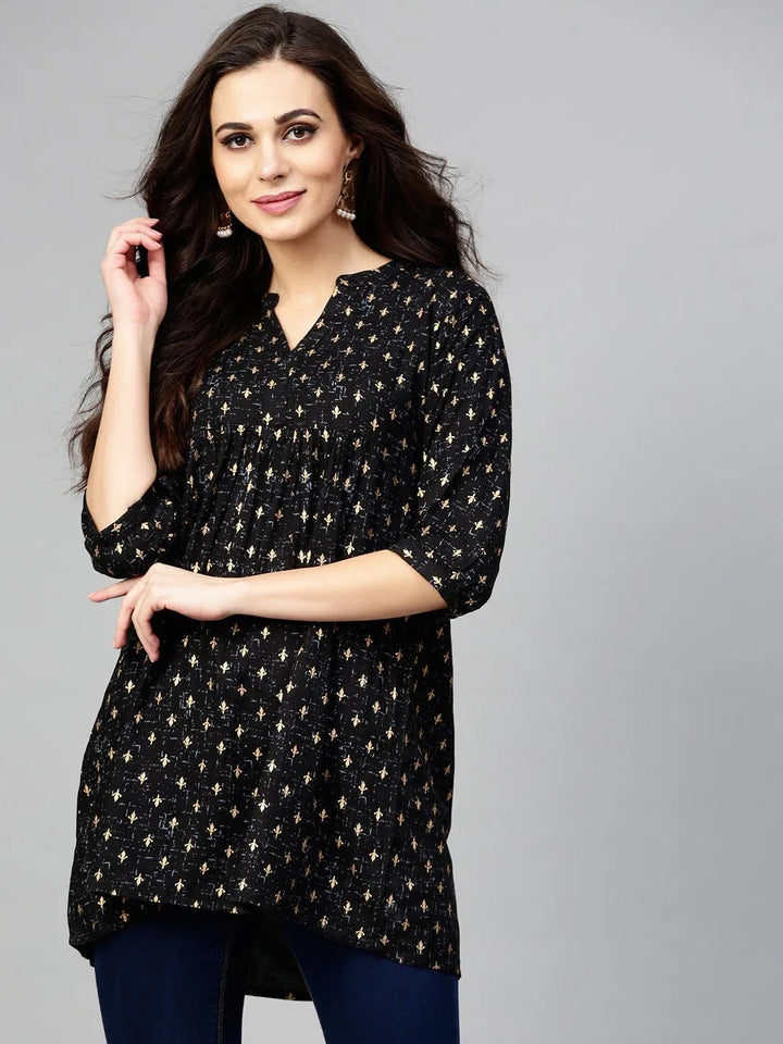 Black Printed Rayon Kurti - Libas