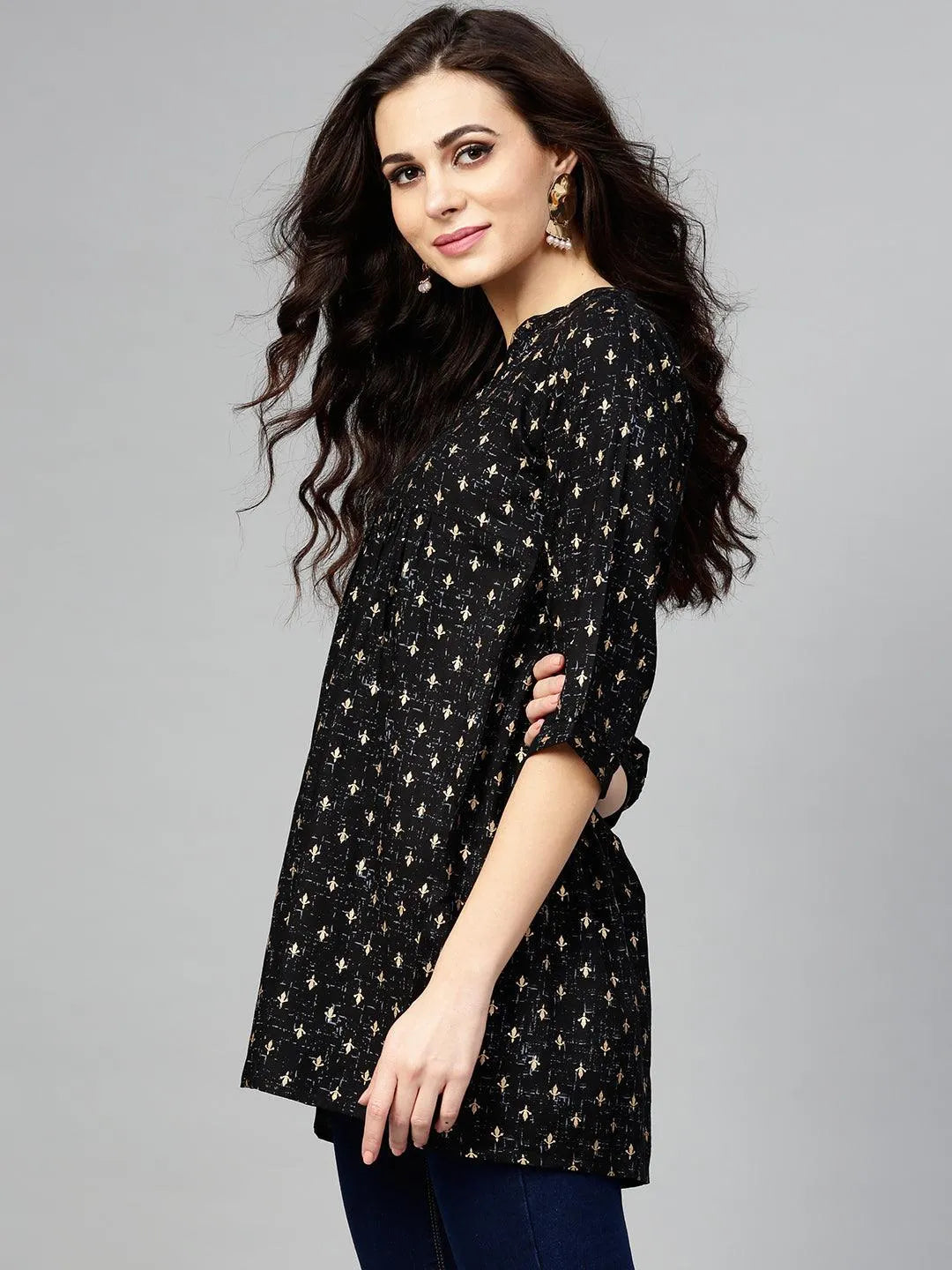 Black Printed Rayon Kurti - Libas